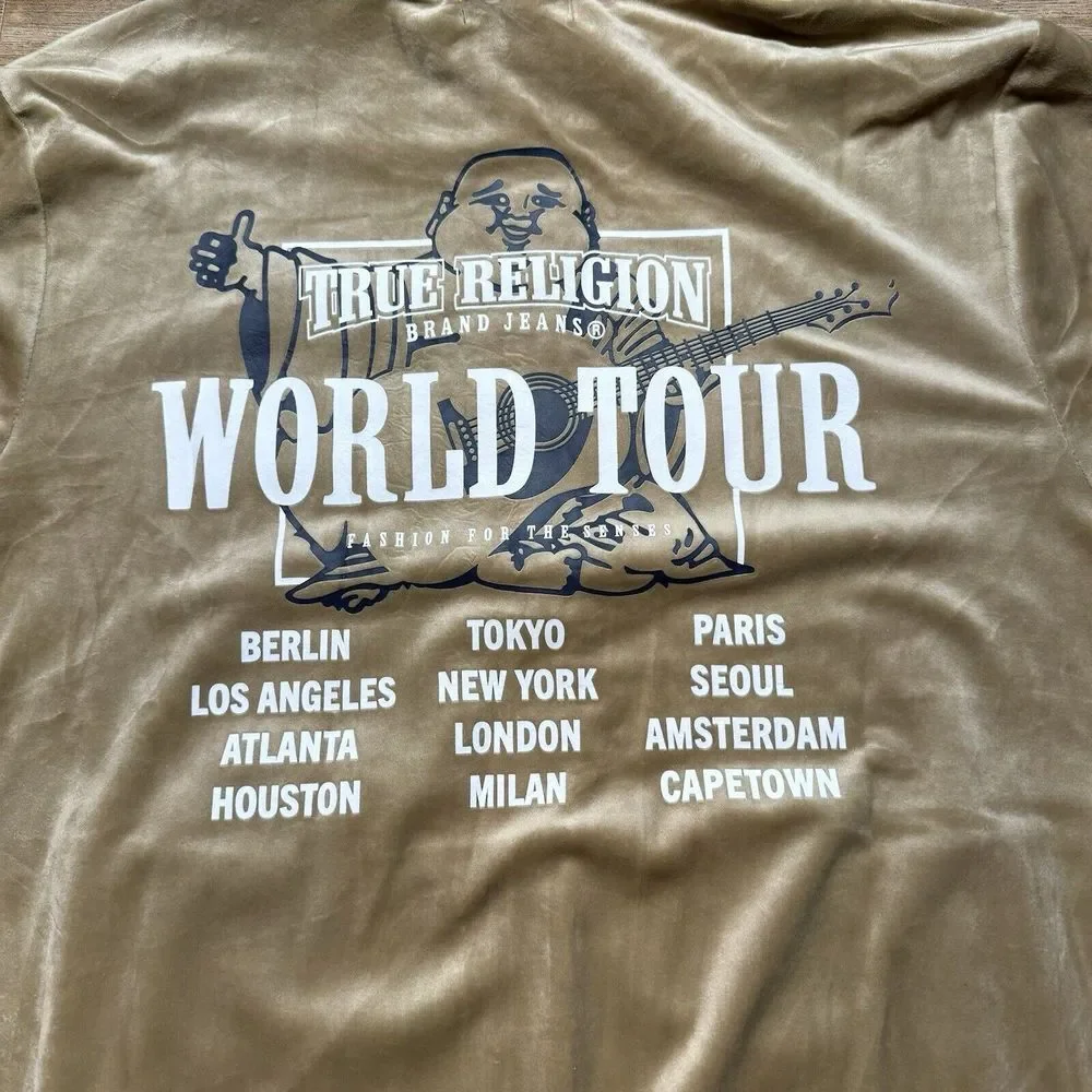 True Religion Tour Jacket Men's Large Tan Track Velour Travertine Full‎ Zip NWT